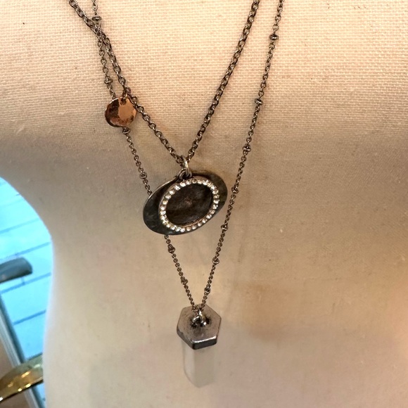 Double Chain Trinket Necklace EUC Silver Crystal copper and white Stone - Picture 8 of 9